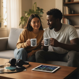 Lifestyle image featuring a mixed-race couple sitting on a couch and drinking from Collector's Edition Selected Sigiled Coffee Mugs, with a vinyl record (Vinzent's A Loan) and a tablet displaying CL1 and the Twos Comic, Episode 1, on the coffee table. Keywords: Collector's Edition merch, Selected Sigil mug, band vinyl, comic, Vinzent's A Loan, CL1 and The Twos