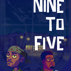 Official comic cover for the ESUR Universe series, CHAOTIC ECHO, Episode 1: NINE TO FIVE. The cover features the main characters, Jez and Dex, standing against a dark blue background with the Nex Electronics store visible. Keywords: Chaotic Echo comic, NINE TO FIVE, Jez and Dex, ESUR Universe, The Echo Protocol, Collector's Edition, graphic novel.